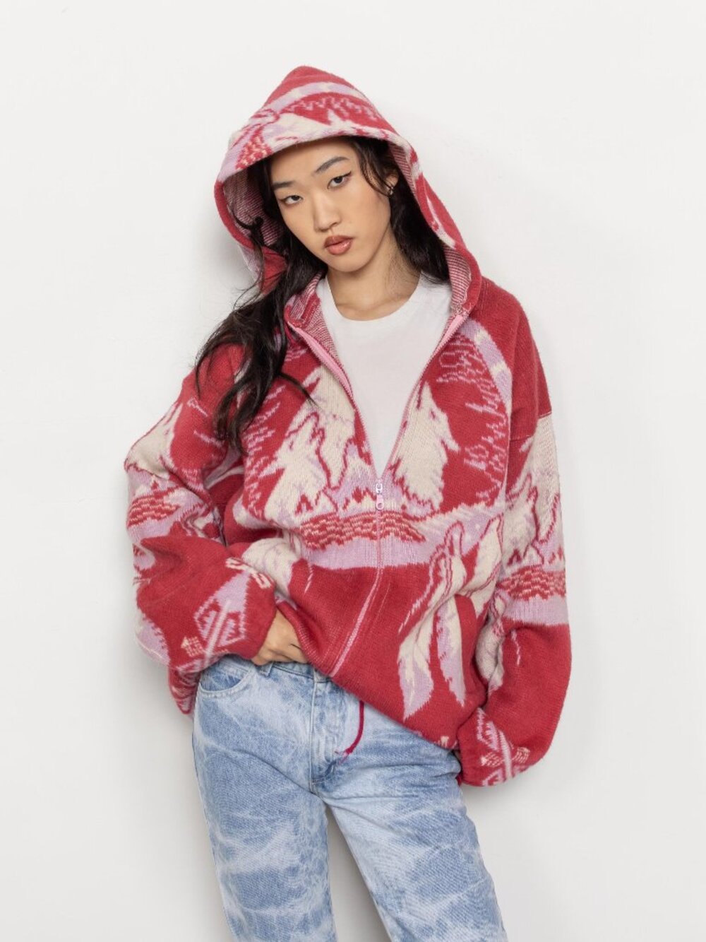Fleece Knit Hoodie Vintage Wolves Blanket Oversize Jacket - Picture 12 of 13